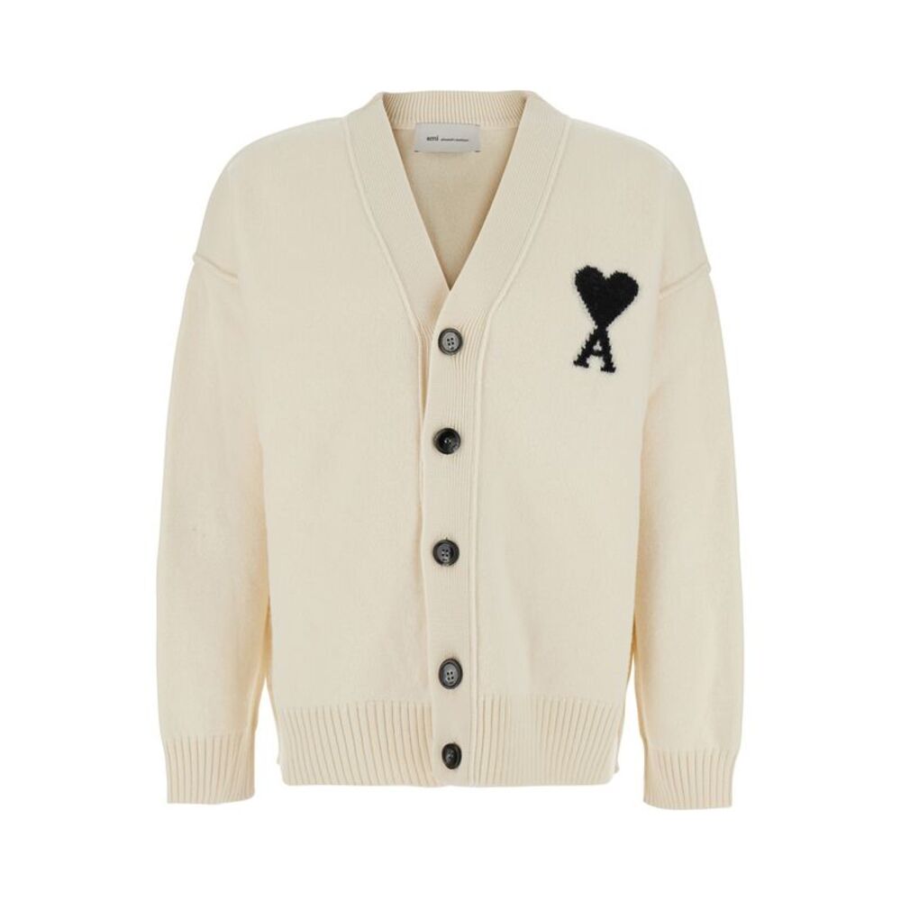 Ami Paris Men V Neck Cardigan With Ami De Coeur In Knit Off-White Unisex